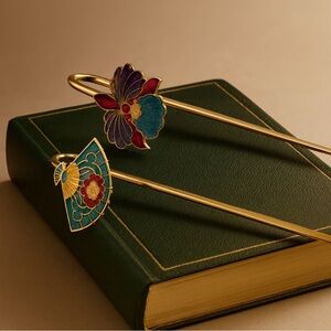 Vintage Cloisonné Enamel Floral Brass Bookmark Set